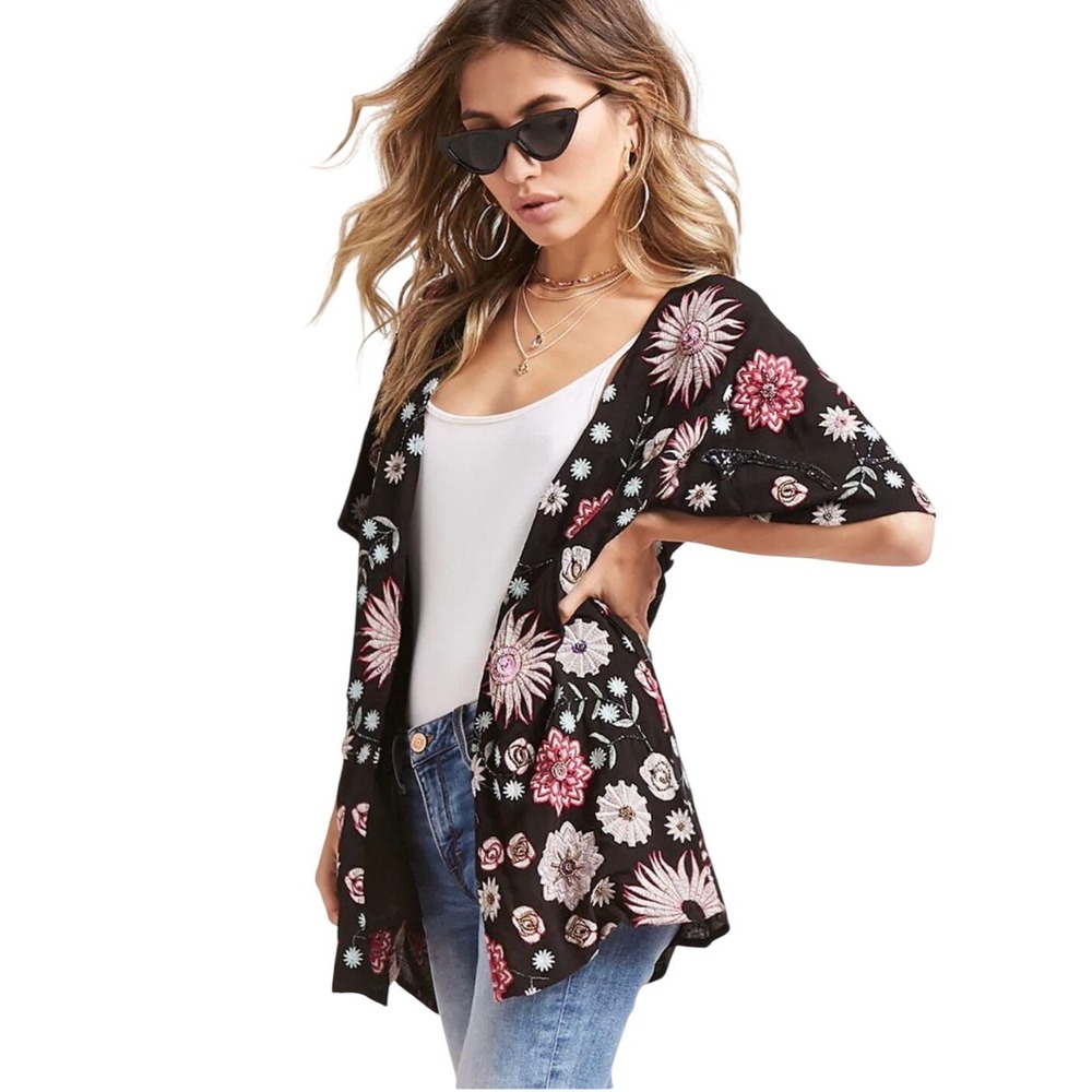 RD+Koko Women Black Floral Embroidered Beaded Sequin Kimono Cardigan One Size
